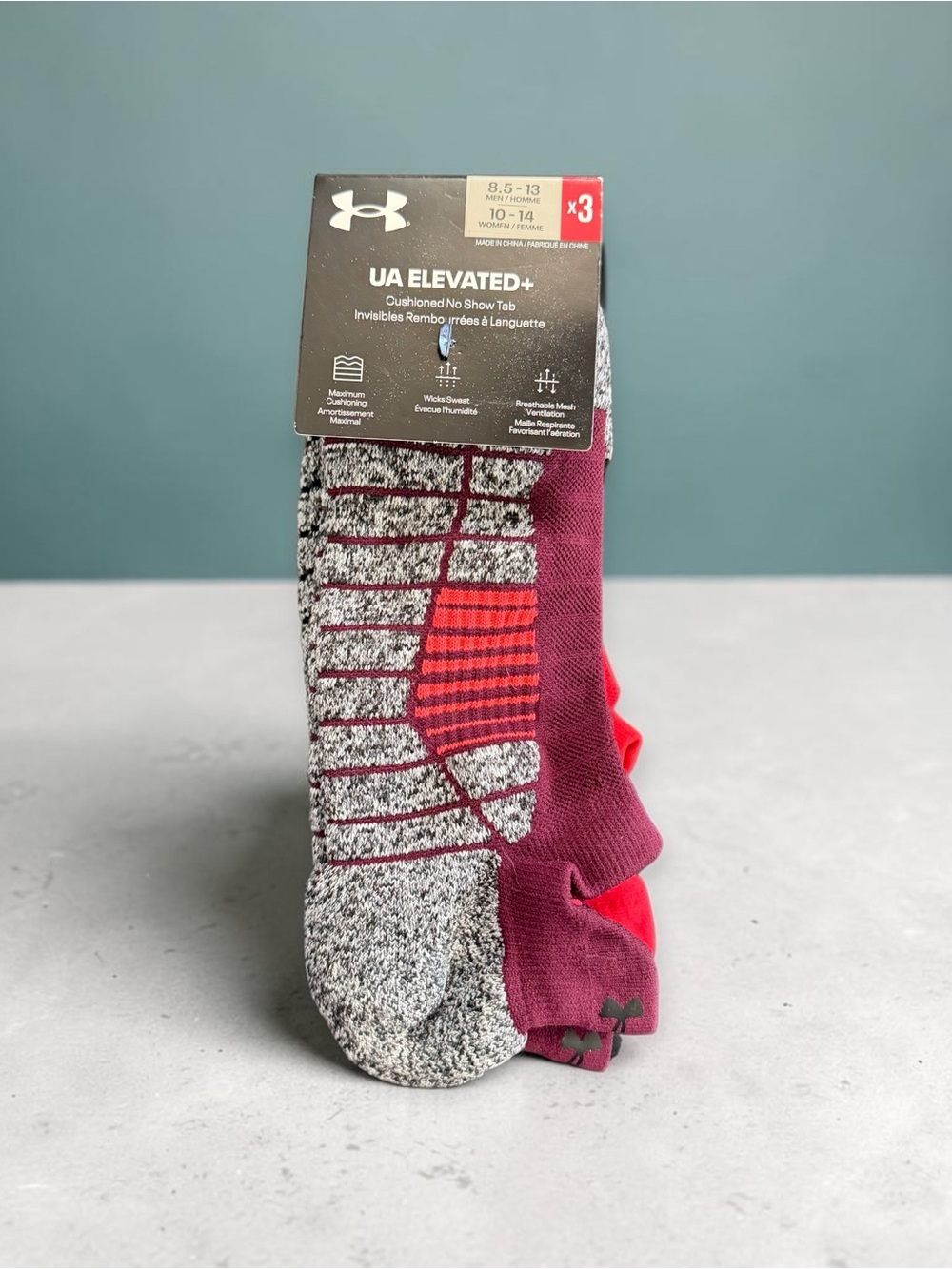 Under Armour Men's Athletic No-Show Socks - Maroon/Burgundy/Gray (3 Pack)